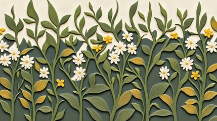 Elegant Floral Pattern Green Leaves White Yellow Flowers Botanical Illustration