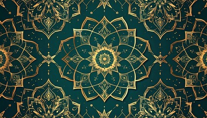 Intricate golden floral pattern on a deep green background, suitable for elegant designs