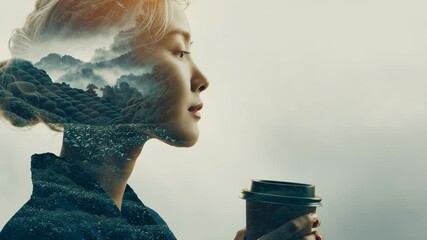 Tranquil Blend of Portrait and Green Landscape in Double Exposure with a Asian Women Drinking Coffee - Powered by Adobe
