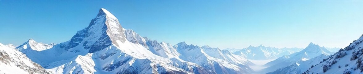 Breathtaking Snow-Capped Mountain Peak Dominating a Pristine Winter Landscape under a Vivid Blue Sky; Perfect for Travel, Nature, and Winter Wonderland Themes.