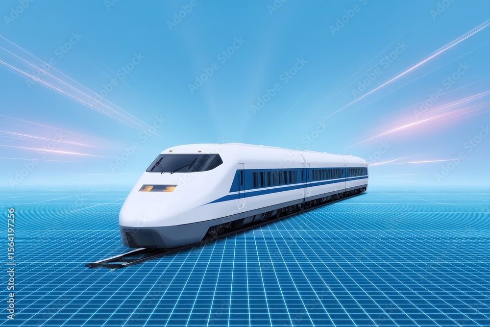 Poster futuristic high-speed train in dynamic motion with a vibrant blue background and grid design