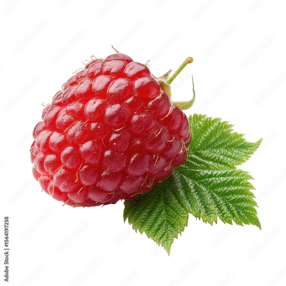 Poster ripe red raspberry with leaf isolated on transparent or white background. a high resolution png imag