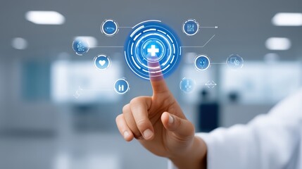Obraz premium Innovative Touchscreen Interface with Health Icons for Medical Applications and Wellness Technology Interaction