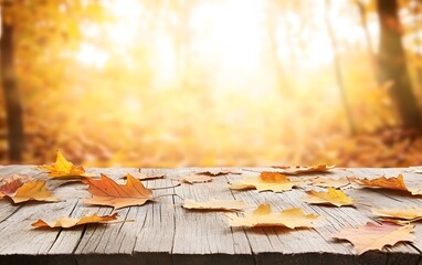 Autumn Leaves on Wooden Table Rustic Fall Background