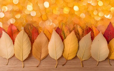 Autumn Leaves on Wood with Gold Bokeh Background