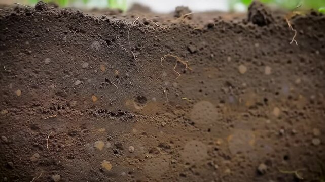 Soil cross-section with roots and dark earth, close-up, daytime