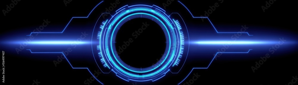 Poster futuristic abstract interface design featuring circular elements and neon blue light effects on a bl