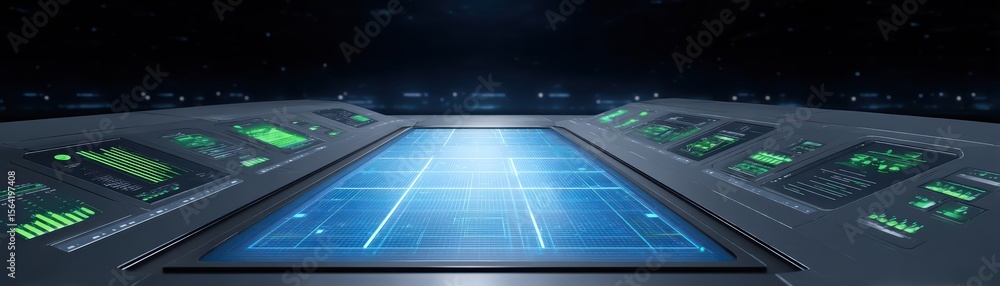 Poster futuristic digital interface with graphs and data visualizations in a high-tech environment