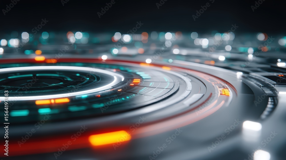 Poster futuristic technology interface with circular elements and glowing colors for digital innovation con