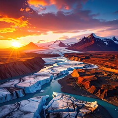 Icelandic Glacial River at Sunset with Mountain Range