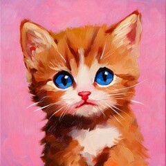 Adorable Ginger Kitten with Bright Blue Eyes Pink Background Oil Painting