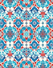 Vibrant geometric pattern featuring floral motifs in blue, red, and white tones