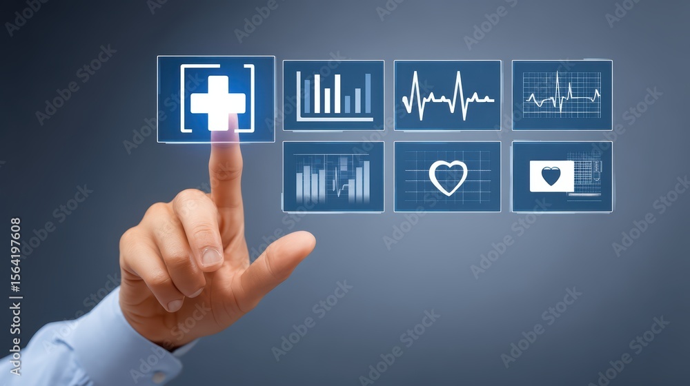 Poster fingertip interaction with digital health icons and graphs on a modern interface background