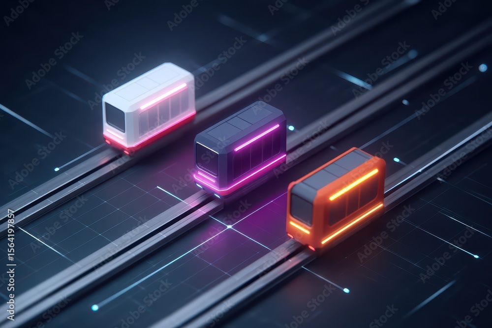 Poster futuristic trams on digital rails with neon lights in a high-tech cityscape background