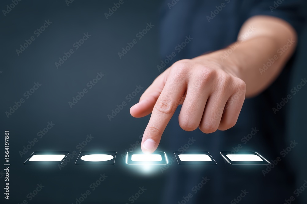 Poster touchscreen interaction with hand selecting a digital button among various shapes, technology concep