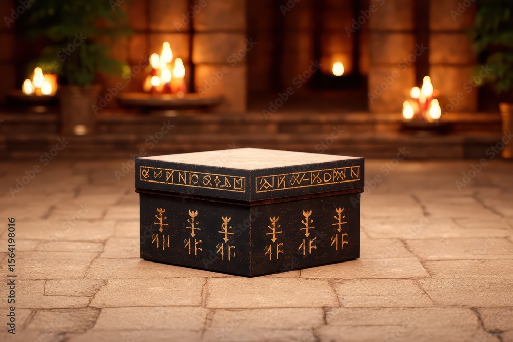 Poster ancient decorative box with intricate symbols on a stone floor and soft lighting in a mystical envir