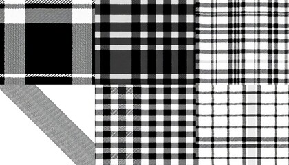 Set of black, white, and charcoal plaid vector seamless patterns; hand-drawn textured, rough stripes, checked geometric backgrounds, rough, white
