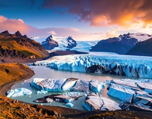 Jokulsarlon Glacier Lagoon with Icebergs at Sunset