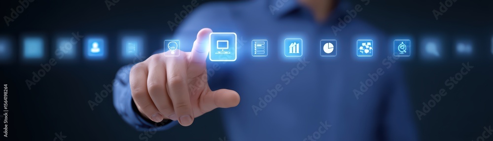 Poster businessman touching digital interface with various icons representing technology, data, and communi
