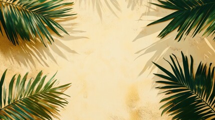 Palm leaves cast shadows on a light beige background.