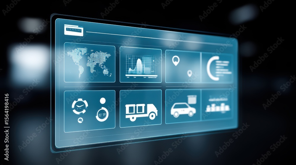 Poster futuristic dashboard displaying various data visualizations for transportation and logistics managem