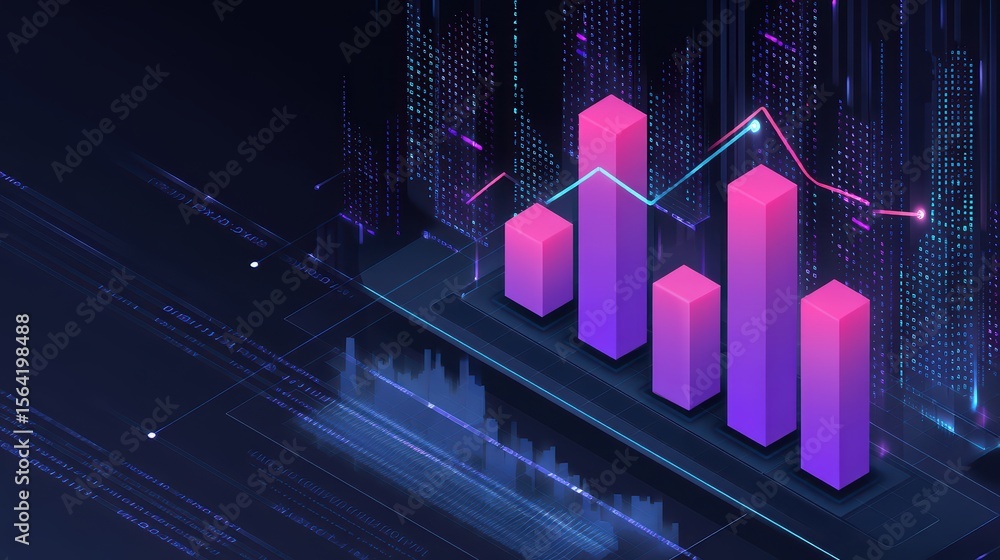 Poster abstract digital representation of financial data with colorful bars and line graph on dark backgrou