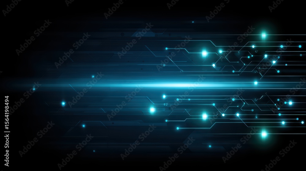 Poster futuristic digital technology background with glowing lines and circuit patterns in blue and black
