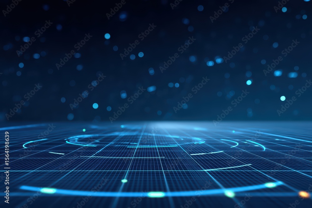 Poster futuristic digital landscape with glowing grid and bokeh effect for technology and innovation concep