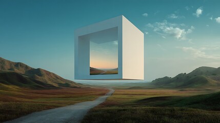 Surreal landscape with floating cubic structure, open gateway to distant horizon
