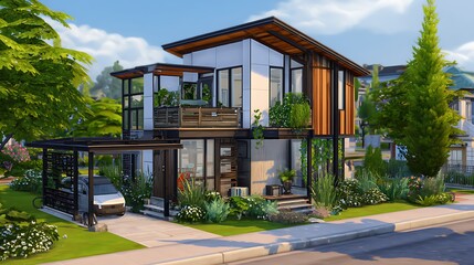 A modern two-story house design with lush greenery and a covered carport