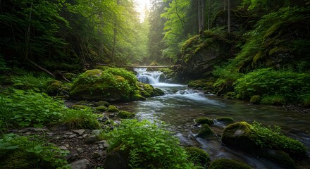 Obraz premium Lush Forest Stream: A Tranquil Nature Scene