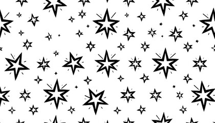 Seamless pattern of black line stars and flashes; flat style, white background,  round,  element
