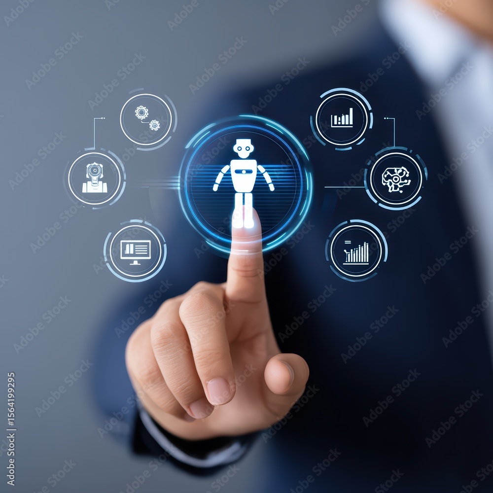 Poster futuristic business analytics with ai and digital interface concept focused on human interaction and