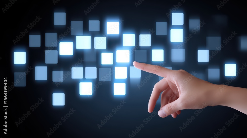 Poster futuristic hand touching digital interface with glowing squares in a dark background for technology 