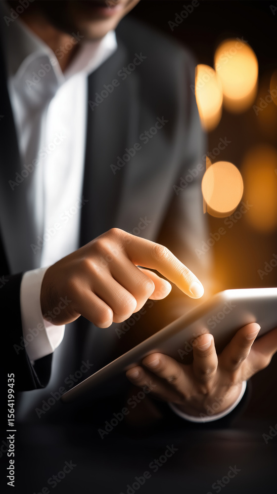 Poster individual in formal attire using a tablet with a glowing display at a blurred event
