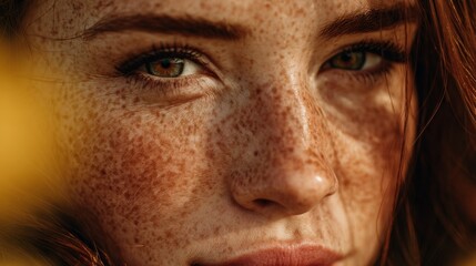 Obraz premium Close-up of young caucasian female with freckles and red hair in natural light