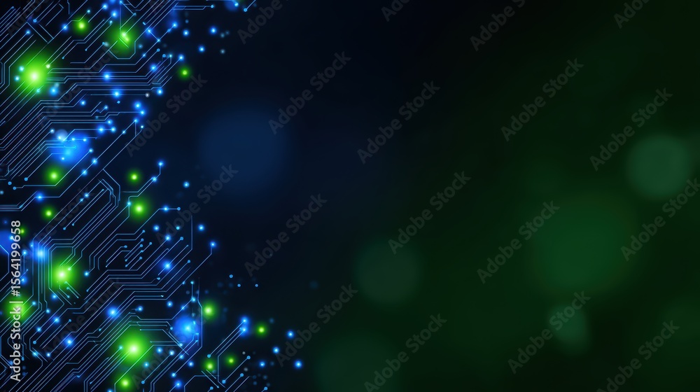 Poster futuristic digital circuit background with glowing lights and abstract green and blue bokeh elements