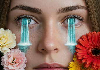 A close-up of a female face with digital waterfalls flowing from her eyes, surrounded by flowers, symbolizing deep emotion and surrealism
