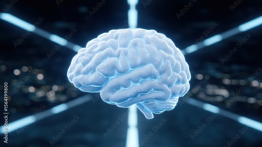 Poster futuristic 3d render of a glowing brain in a digital abstract environment with light beams