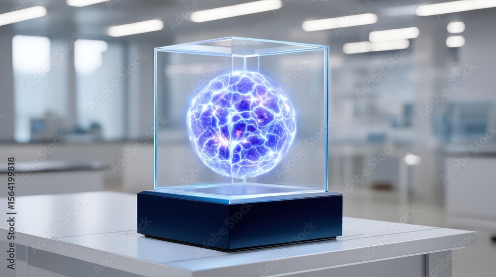 Poster modern laboratory display of a glowing energy sphere in a high-tech environment