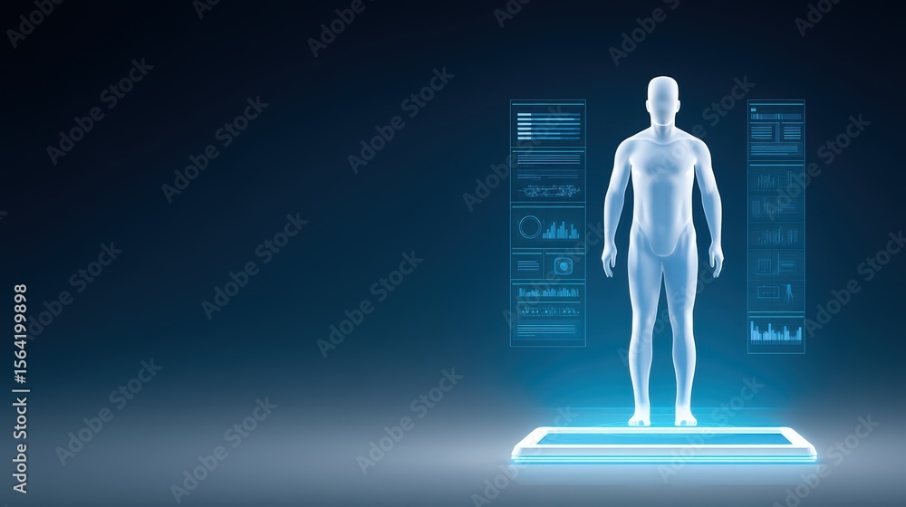 Aufkleber futuristic digital human figure in virtual interface with data visualizations and neon lighting effe