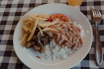 Brazilian Meal with Rice, Beans, and Fries