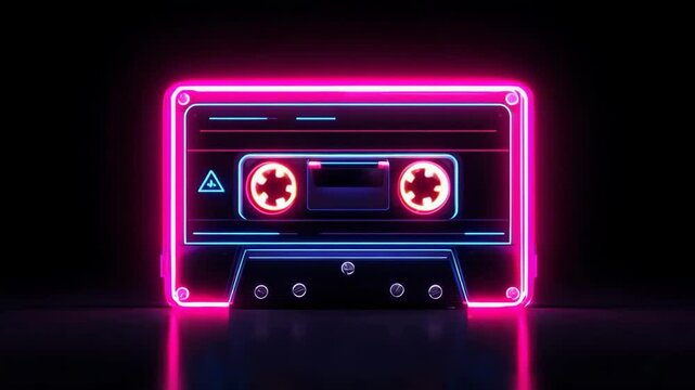 Bright neon cassette tape glows against black background in retro style