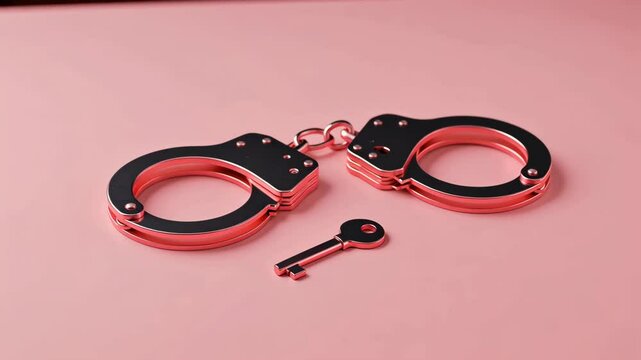 Pink handcuffs and key on a matching pink background, close-up