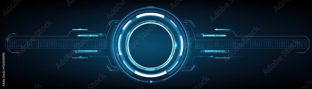 Poster futuristic circular interface with abstract digital design elements and glowing lines in a dark back