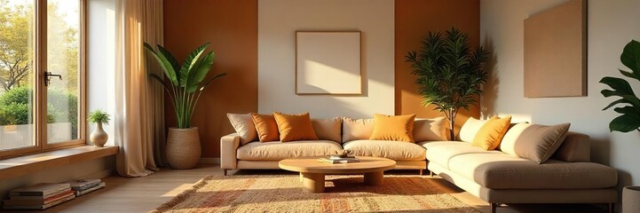 Tranquil and Inviting Interior Design Comfortable Living Room with Soft Lighting, Creating a Peaceful and Welcoming Atmosphere for Relaxation and Wellbeing
