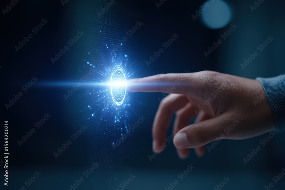 Poster hand reaching toward glowing light with particle effects in dark background for futuristic themes an