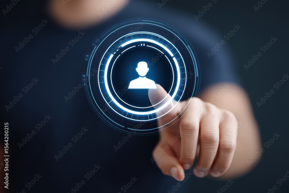 Poster futuristic touch interface with user profile icon and glowing circular design
