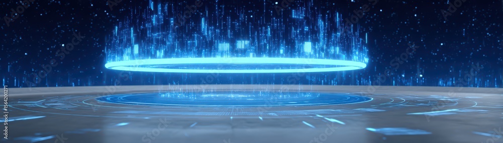 Poster futuristic digital portal with neon light effects and abstract data elements in cosmic environment