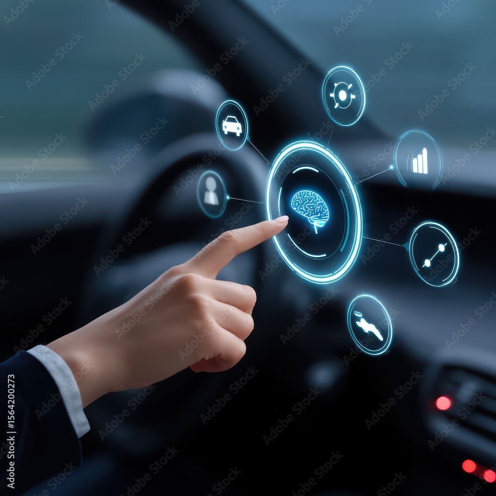 Poster futuristic dashboard interface with human hand interacting live data and smart technology in modern 